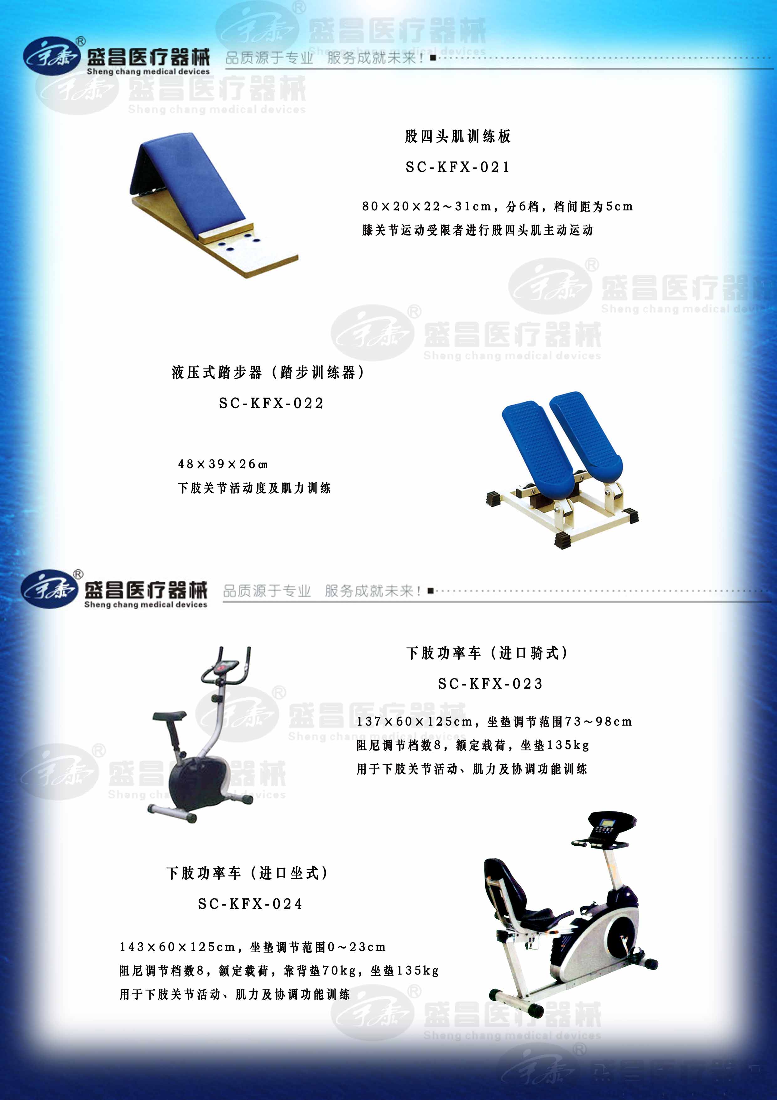 下肢功率车（进口骑式、坐式）；股四头肌训练板；液压式踏步器